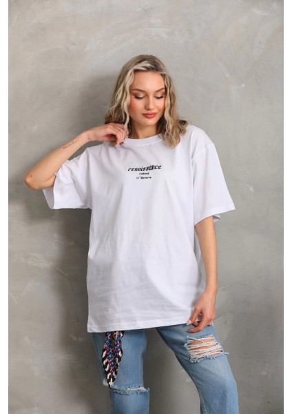 Unisex Baskılı Oversize T-Shirt - Beyaz -Vlmr