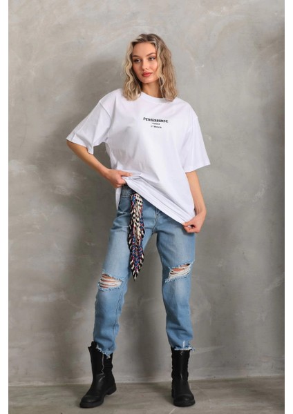Unisex Baskılı Oversize T-Shirt - Beyaz -Vlmr fırsatları