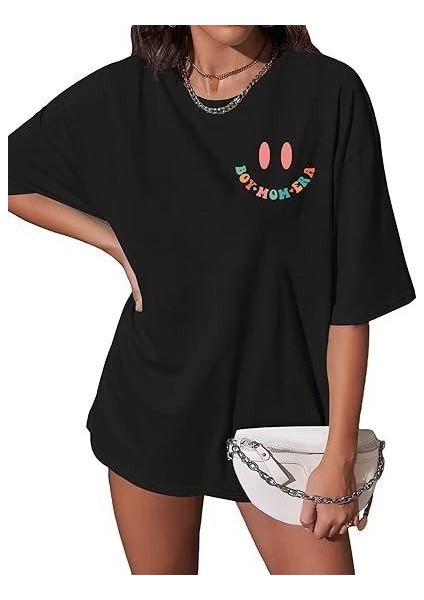 Kadın Bisiklet Yaka Kısa Kol Baskılı T-Shirt - Siyah -Vlmr modelleri