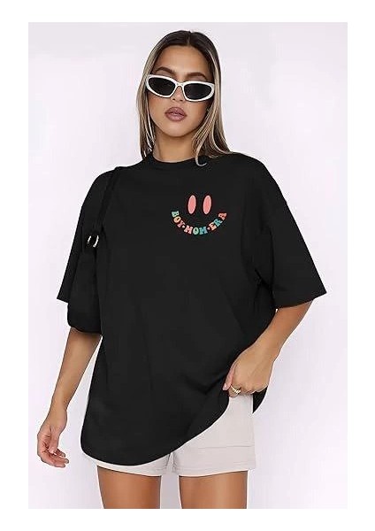 Kadın Bisiklet Yaka Kısa Kol Baskılı T-Shirt - Siyah -Vlmr fırsatları