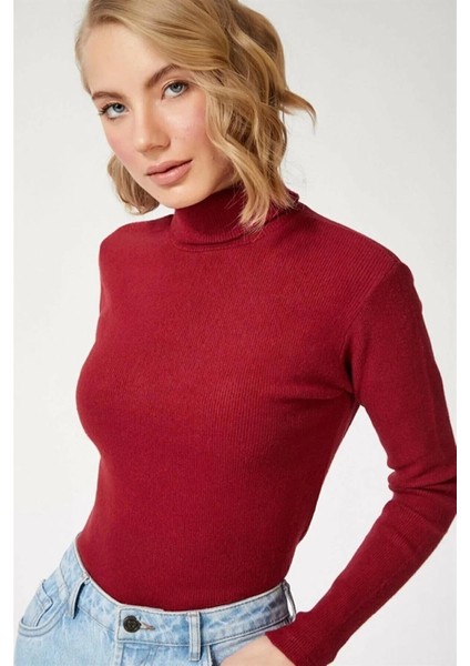 Kadın Kaşkorse Boğazlı Full Likralı Fitilli Body Kazak - Bordo -Vlmr