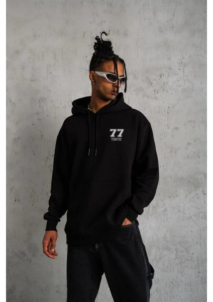 Unisex Kapşonlu Baskılı Sweetshirt - Siyah -Vlmr