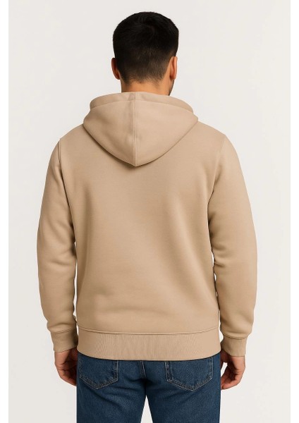 Erkek Üç Iplik Kapüşonlu Tam Fermuarlı Kanguru Çepli Sweatshirt Hoodie - Bej -Vlmr fiyatları