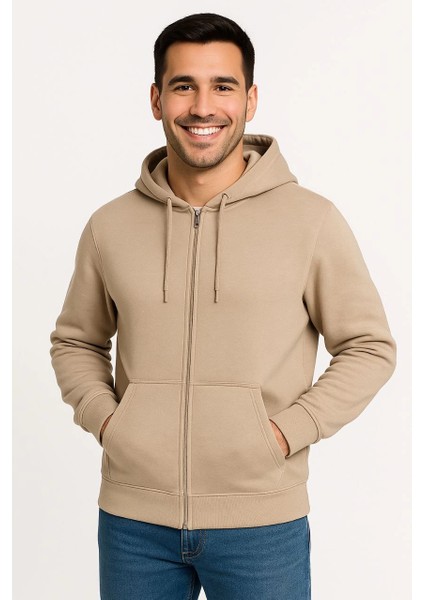 Erkek Üç Iplik Kapüşonlu Tam Fermuarlı Kanguru Çepli Sweatshirt Hoodie - Bej -Vlmr fırsatları