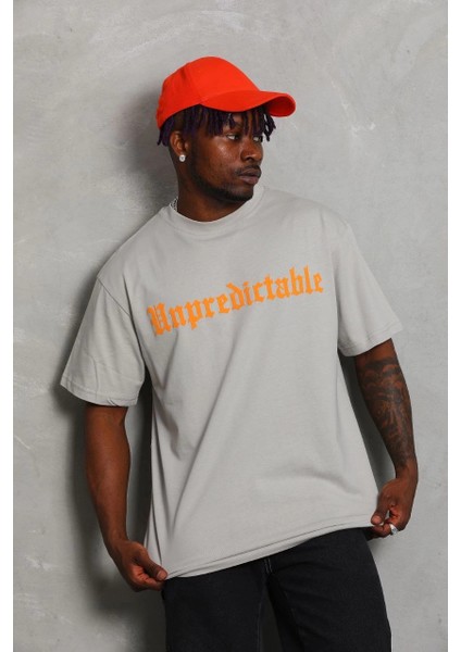 Unisex Oversize Baskılı Bisiklet Yaka T-Shirt - Gri -Vlmr fırsatları