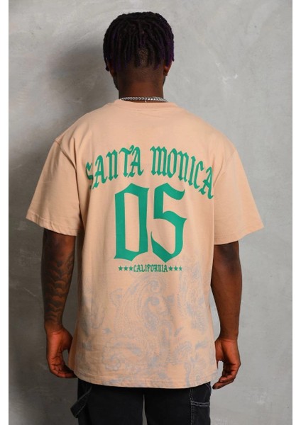 Unisex Oversize Baskılı Bisiklet Yaka T-Shirt - Bej -Vlmr indirimleri