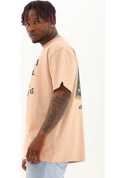 Unisex Oversize Baskılı Bisiklet Yaka T-Shirt - Bej -Vlmr modelleri