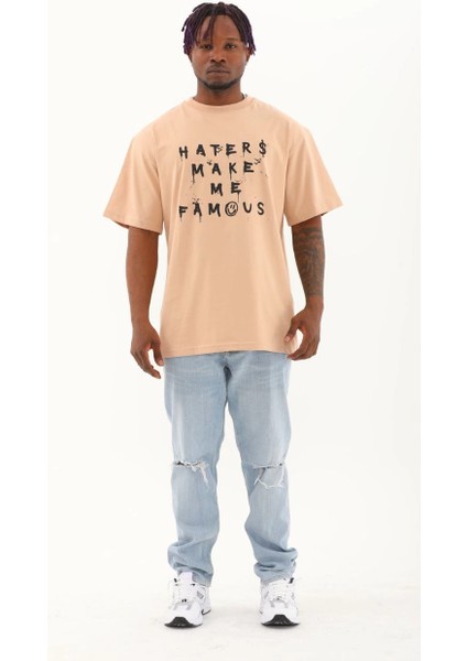 Unisex Oversize Baskılı Bisiklet Yaka T-Shirt - Bej -Vlmr fırsatları