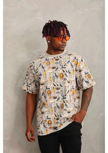 Unisex Oversize Baskılı Bisiklet Yaka T-Shirt - Gri -Vlmr
