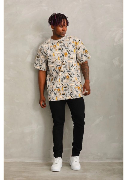 Unisex Oversize Baskılı Bisiklet Yaka T-Shirt - Gri -Vlmr modelleri