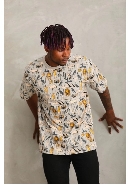 Unisex Oversize Baskılı Bisiklet Yaka T-Shirt - Gri -Vlmr indirimleri