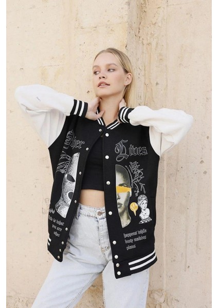 Kadın Oversize Kolej Tarzı Sweatshirt - 3 Iplik Içi Pamuklu, Baskılı, Rahat Günlük Ceket - Siyah -Vlmr fiyatları