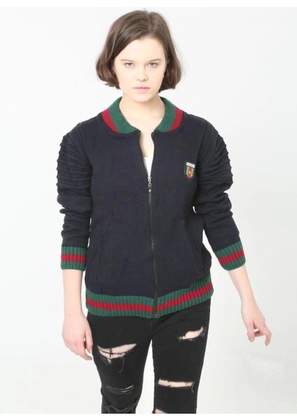 Kadın Tam Fermuarlı Triko Hırka - Lacivert -Vlmr