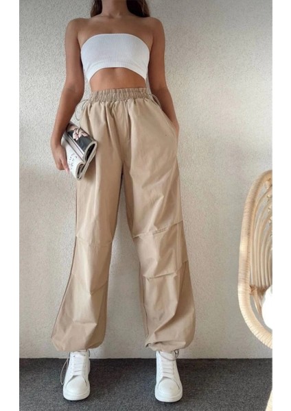 Kadın Cepli Paraşut Pantalon - Bej -Vlmr