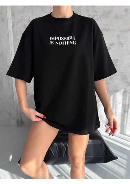 Unisex Bisiklet Yaka Baskılı Oversize T-Shirt - Siyah -Vlmr