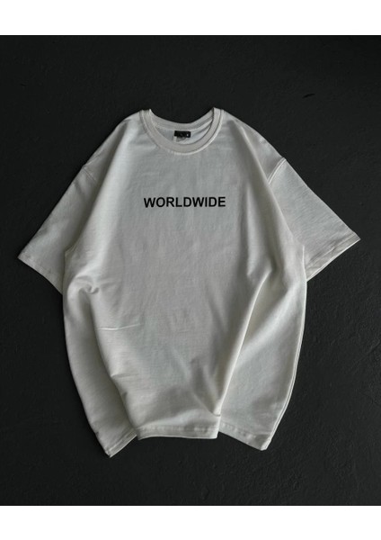 Unisex Bisiklet Yaka Baskılı Oversize T-Shirt - Beyaz -Vlmr