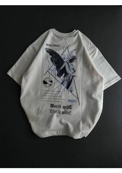 Unisex Bisiklet Yaka Baskılı Oversize T-Shirt - Beyaz -Vlmr fiyatları