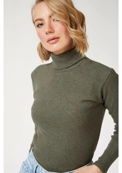 Kadın Kaşkorse Boğazlı Full Likralı Fitilli Body Kazak - Haki -Vlmr