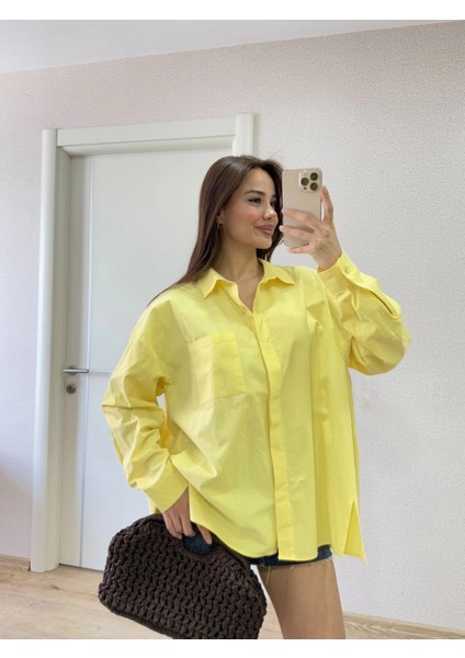 Poplin Kadın Yakalı Yandan Yırtmaçlı Arka Pens Detaylı Gömlek - Sarı -Vlmr fiyatları