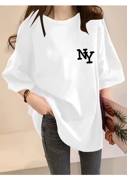Kadın Eğlenceli Harf Ny Baskılı Bisiklet Yaka Tişört- Beyaz -Vlmr fiyatları