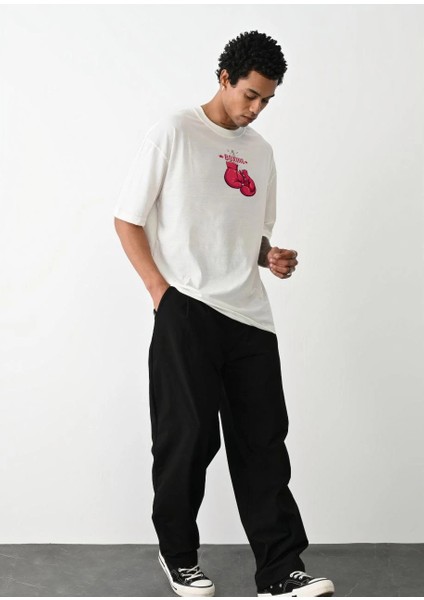 Unisex Bisiklet Yaka Baskılı Oversize T-Shirt - Beyaz -Vlmr