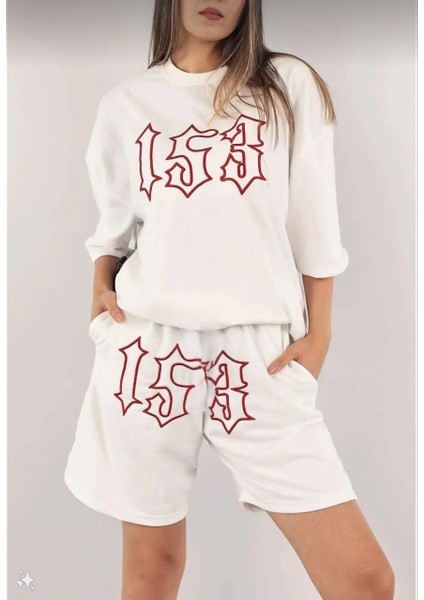 Kadın Unisex Nakış Işlemeli Şort Takım - Beyaz -Vlmr