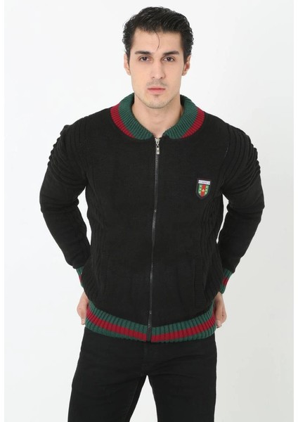 Erkek Tam Fermuarlı Triko Hırka - Siyah -Vlmr