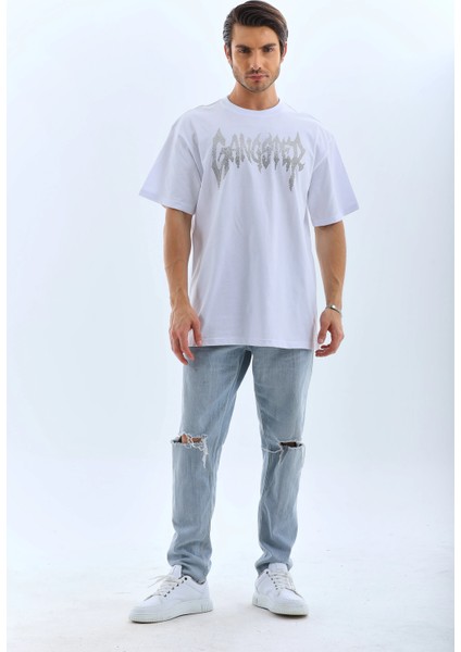 Unisex Oversize Taşlı Bisiklet Yaka T-Shirt - Beyaz -Vlmr