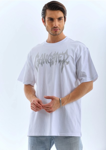 Unisex Oversize Taşlı Bisiklet Yaka T-Shirt - Beyaz -Vlmr fırsatları