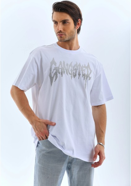 Unisex Oversize Taşlı Bisiklet Yaka T-Shirt - Beyaz -Vlmr indirimleri