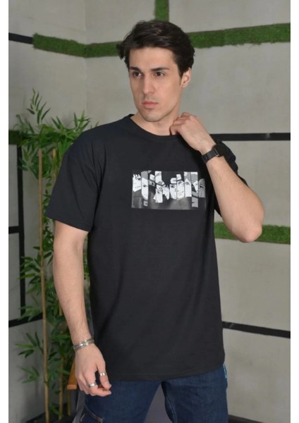 Unisex Bisiklet Yaka Baskılı Oversize T-Shirt - Siyah -Vlmr