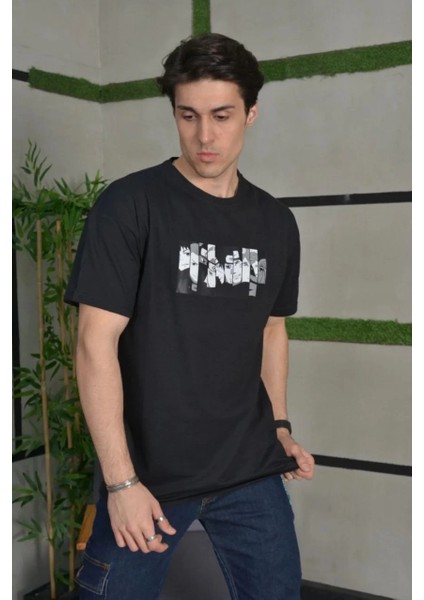 Unisex Bisiklet Yaka Baskılı Oversize T-Shirt - Siyah -Vlmr fiyatları