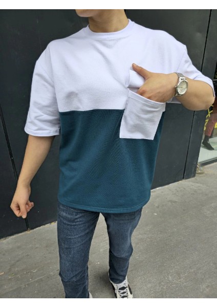 Unisex Torba Cep Detaylı Parçalı T-Shirt - Lacivert -Vlmr modelleri