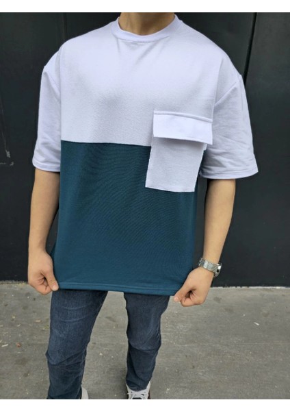 Unisex Torba Cep Detaylı Parçalı T-Shirt - Lacivert -Vlmr indirimleri