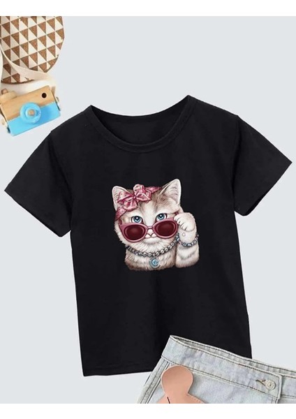 Kız Çocuk Bisiklet Yaka Baskılı T-Shirt - Siyah -Vlmr