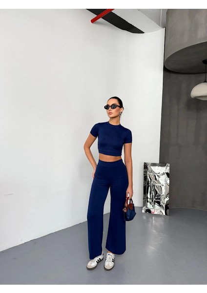 Osy Modal Yumuşak Dokulu Kumaş Kısa Kollu Crop Alt Ispanyol Paça Pantalon Ikili Takım - Lacivert -Vlmr modelleri
