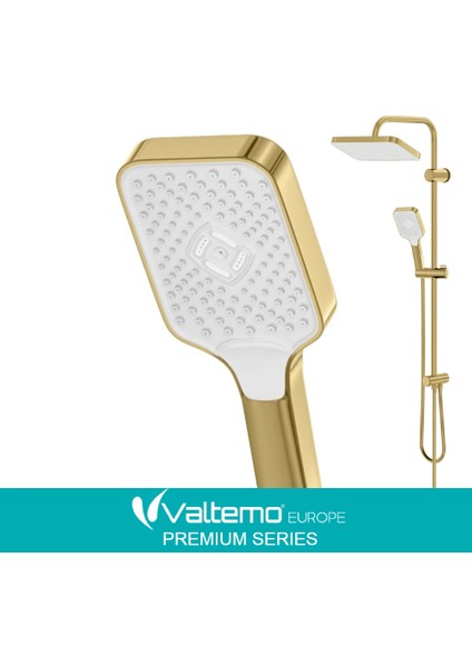 | Valtemo (Brushed) Mat Gold Tepe Duşlu Set - Butonlu - Kireç Temizleme - Geniş Boy