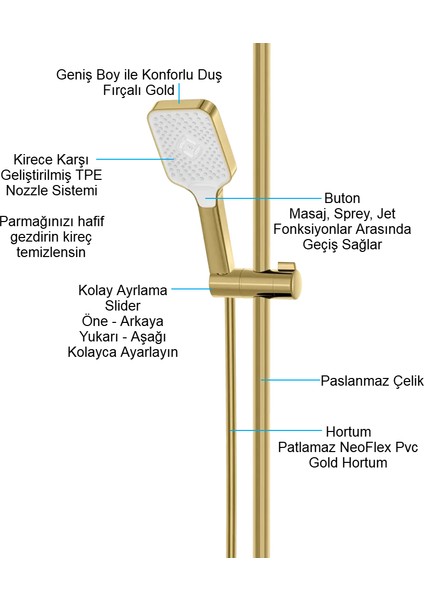 | Valtemo (Brushed) Mat Gold Tepe Duşlu Set - Butonlu - Kireç Temizleme - Geniş Boy fırsatları
