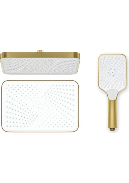 | Valtemo (Brushed) Mat Gold Tepe Duşlu Set - Butonlu - Kireç Temizleme - Geniş Boy