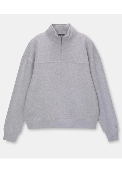 Oversize Yarım Farmuarlı Yakalı Basic Sweatshirt - Gri -Vlmr fırsatları