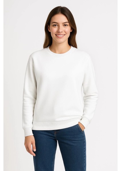 Kadın Üç Iplik Düz Bisiklet Yaka Sweatshirt - Beyaz -Vlmr modelleri