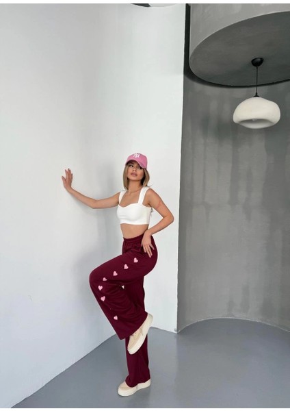 Osy Modal Yumuşak Dokulu Kumaş Nakış Işlemeli Rahat Bol Paça Eşofman Pantalon - Bordo -Vlmr modelleri