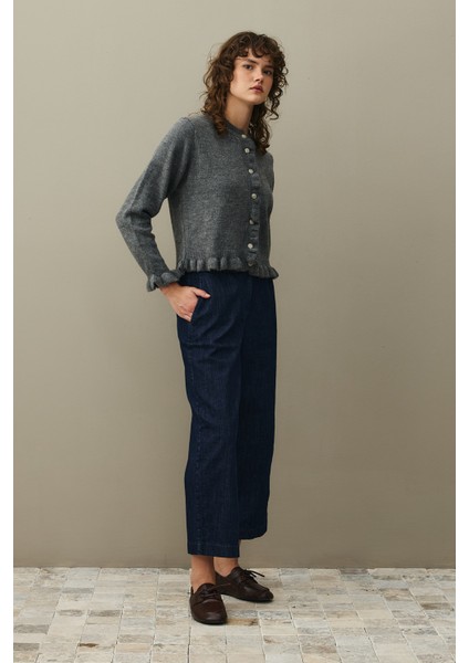 Ince Fırfırlı Tiftik Hırka Antrasit