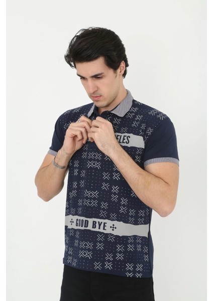 Erkek Yakalı Slim Fit Baskılı T-Shirt - Lacivert -Vlmr