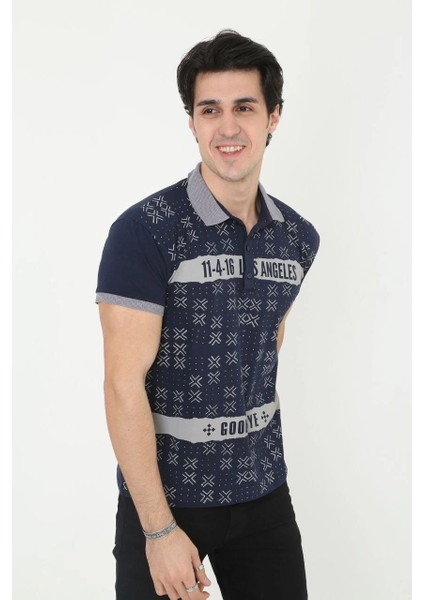 Erkek Yakalı Slim Fit Baskılı T-Shirt - Lacivert -Vlmr fiyatları