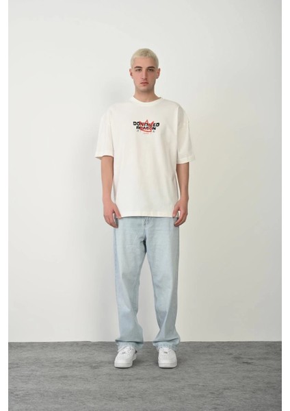 Unisex Baskılı Bisiklet Yaka Oversize T-Shirt - Beyaz -Vlmr