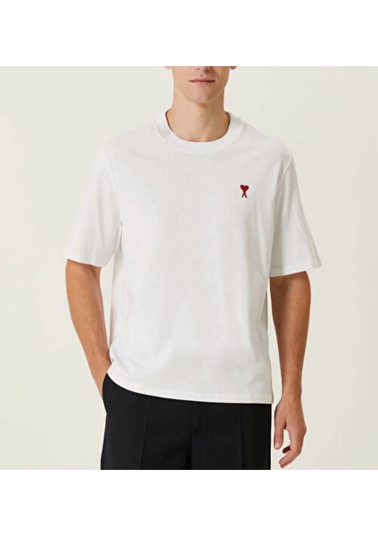 Unisex Bisiklet Yaka Baskılı Oversize T-Shirt - Beyaz -Vlmr