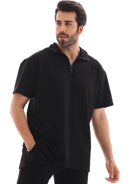 Unisex Yarım Fermuarlı Düz Oversize T-Shirt - Siyah -Vlmr