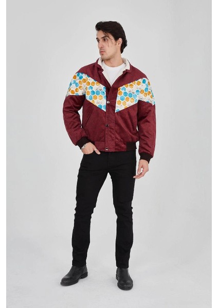 Erkek Içi Astarlı Içten Yaka Kısmı Peluşlu Beyaz Şeritli Vintage Ceket - Mürdüm -Vlmr modelleri