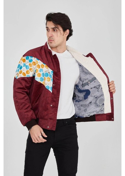 Erkek Içi Astarlı Içten Yaka Kısmı Peluşlu Beyaz Şeritli Vintage Ceket - Mürdüm -Vlmr fırsatları